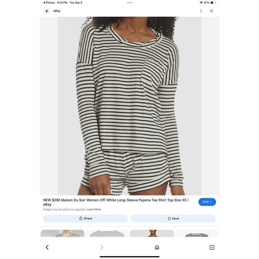 Maison Du Soir‎ Edith Top Size Small Cream Striped Sleepwear Sleep Pajama Top